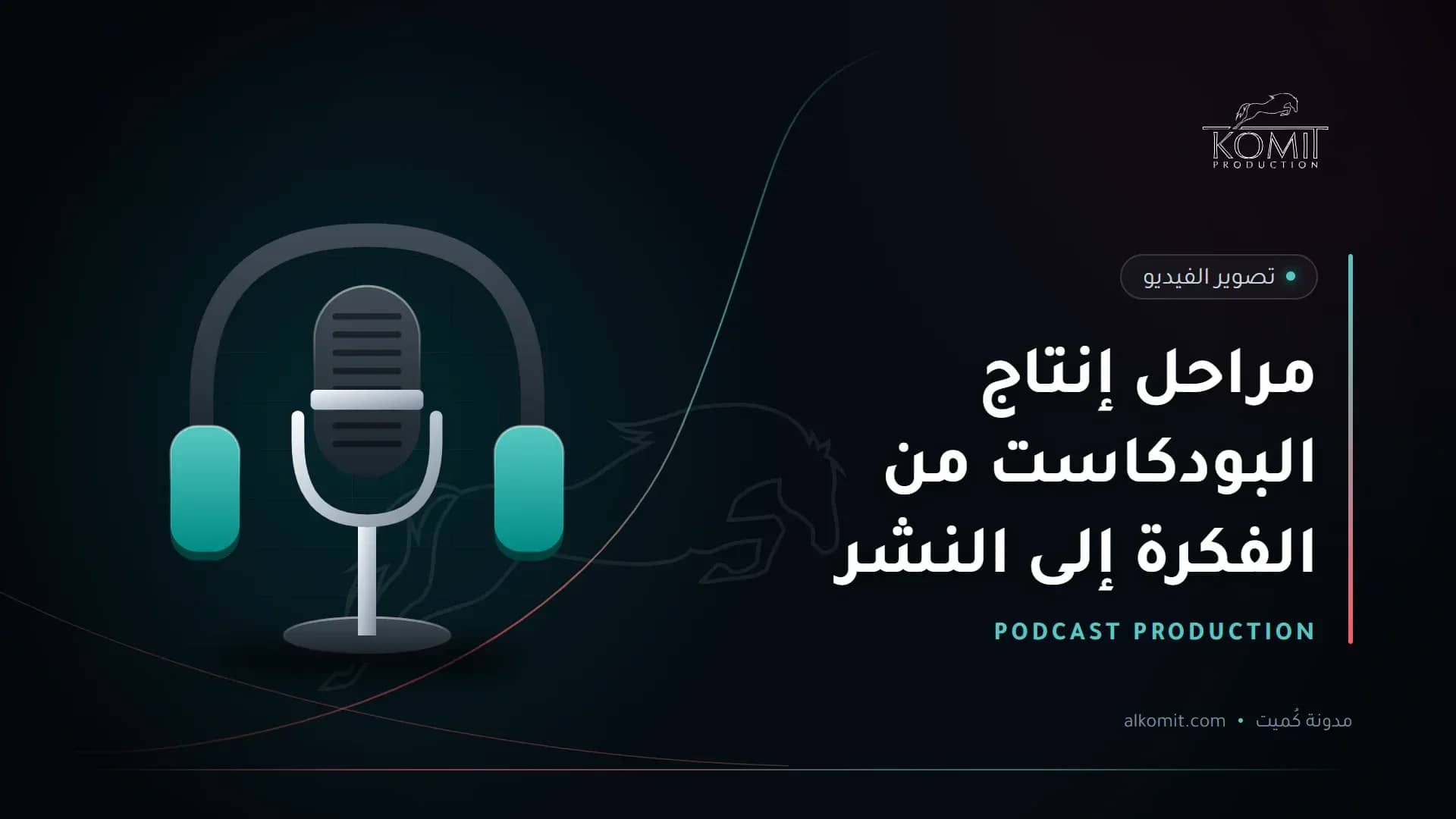 مراحل إنتاج البودكاست من الفكرة إلى النشر — ميكروفون بودكاست وسماعات، غلاف مقال من مدونة كُميت